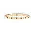 Thin gold hinge cuff features alternating cabochons of Mother of Pearl and tiger's eye stones on the outside and the phrase "the days are long but the years are short" inscribed on the inside.