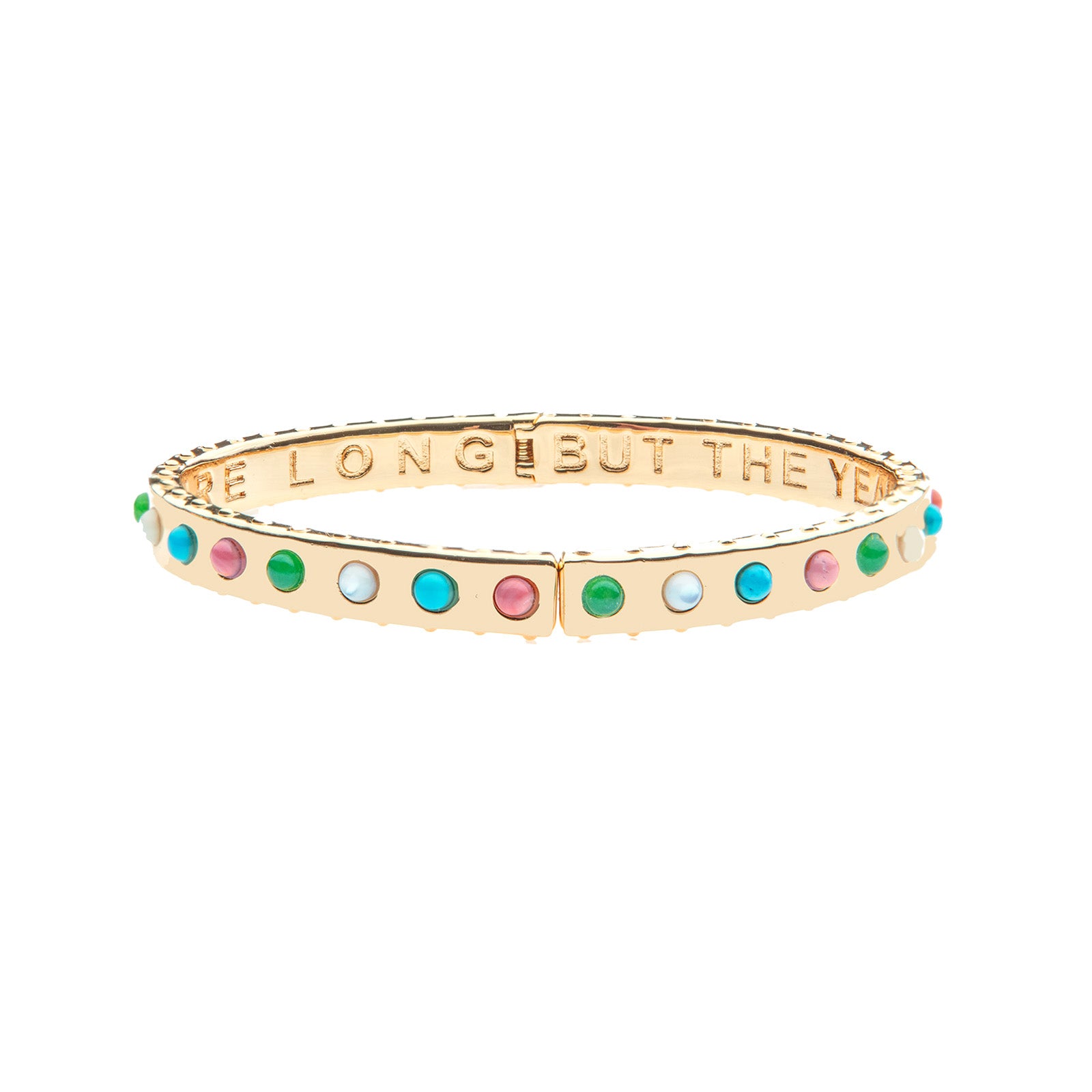 Thin gold hinge cuff features cabochons of Mother of Pearl, Green Jade, Coral, and Turquoises stones on the outside and the phrase "the days are long but the years are short" inscribed on the inside