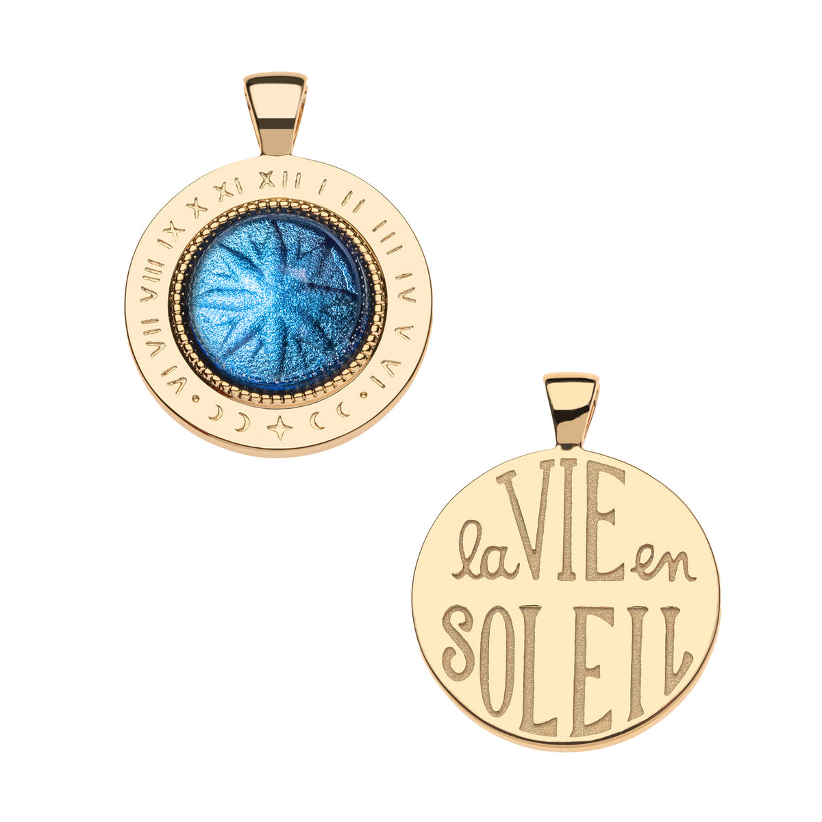 Front and back of forever under the sun pendant. Back features the phrase "la vie en soleil"