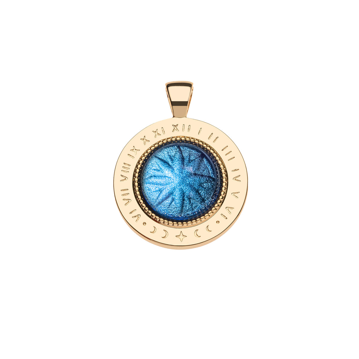 Gold coin pendant features roman numerals and moon phases inscribed on the edge and a blue glass dome in the center with sundial motif underneath
