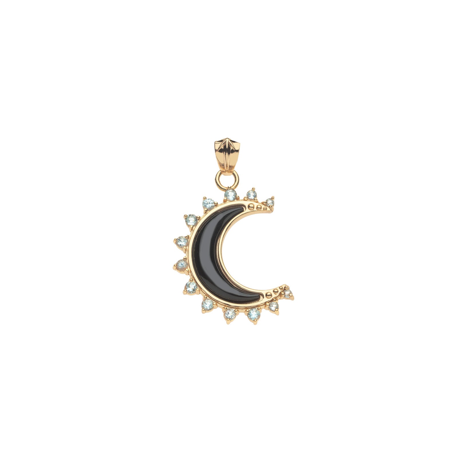 Gold crescent moon pendant with onyx inlay in moon and aquamarine stones along the edge