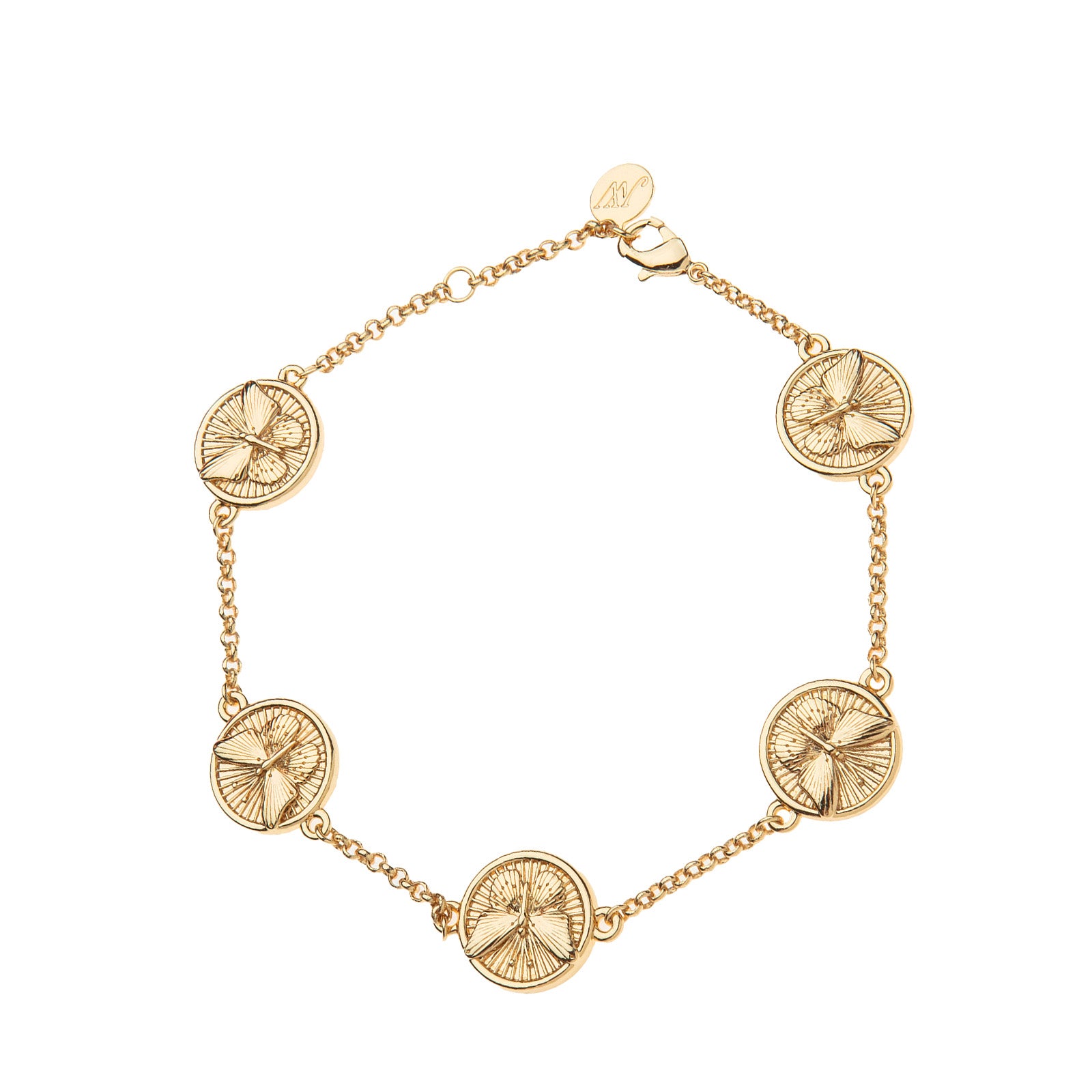 Gold station bracelet featuring 5 mini Free coins