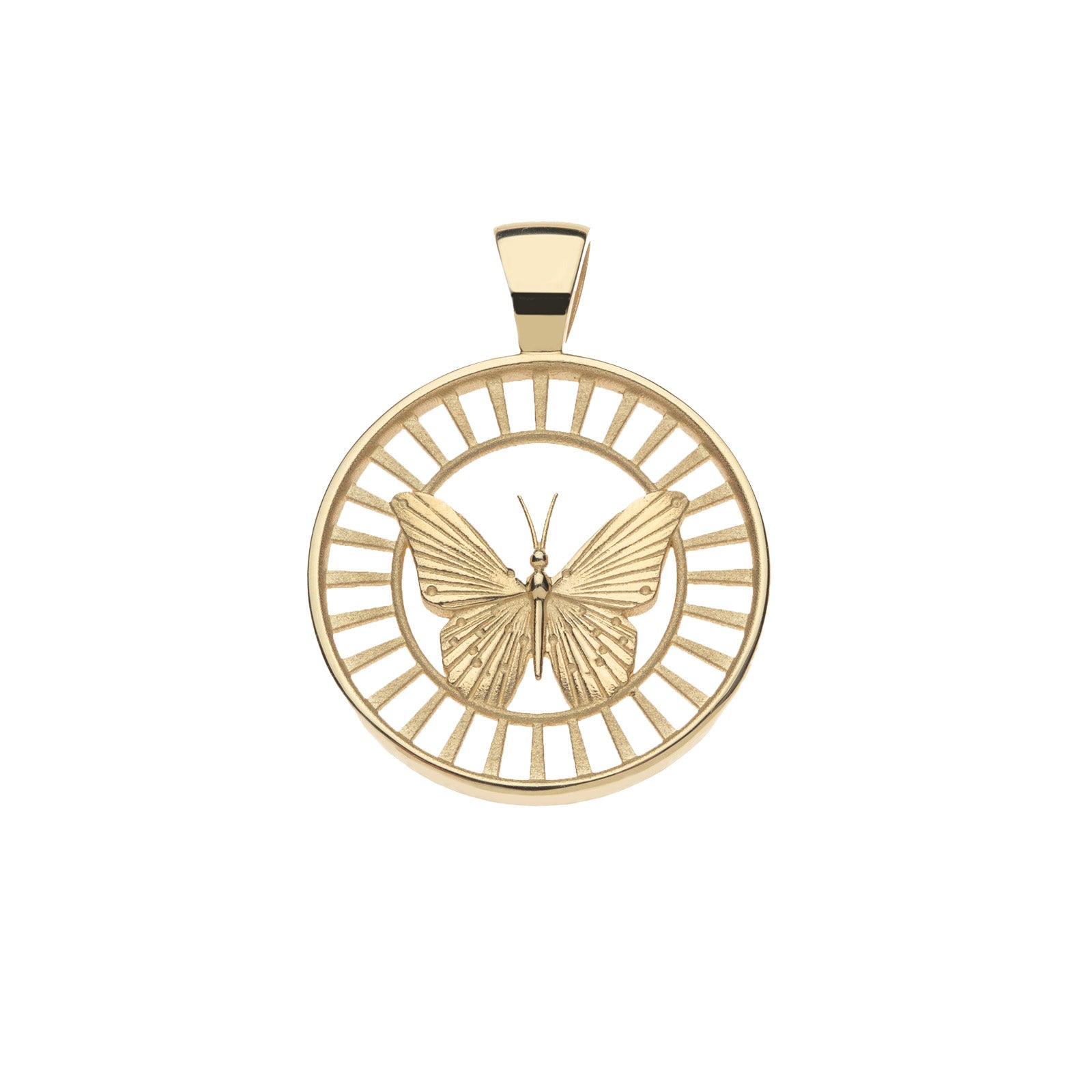 Gold free cutout coin pendant features butterfly and radiating cutout details