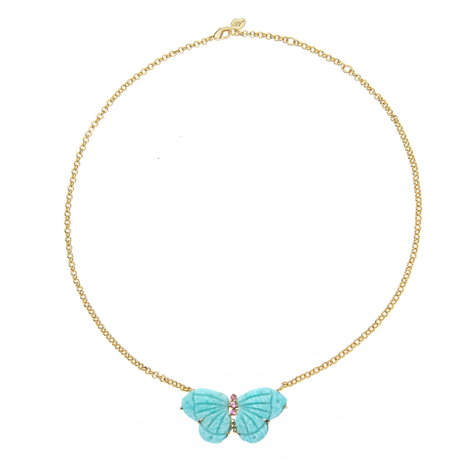 Stone butterfly necklace on gold chain features carved amazonite for the wings and pink tourmaline accents on the body