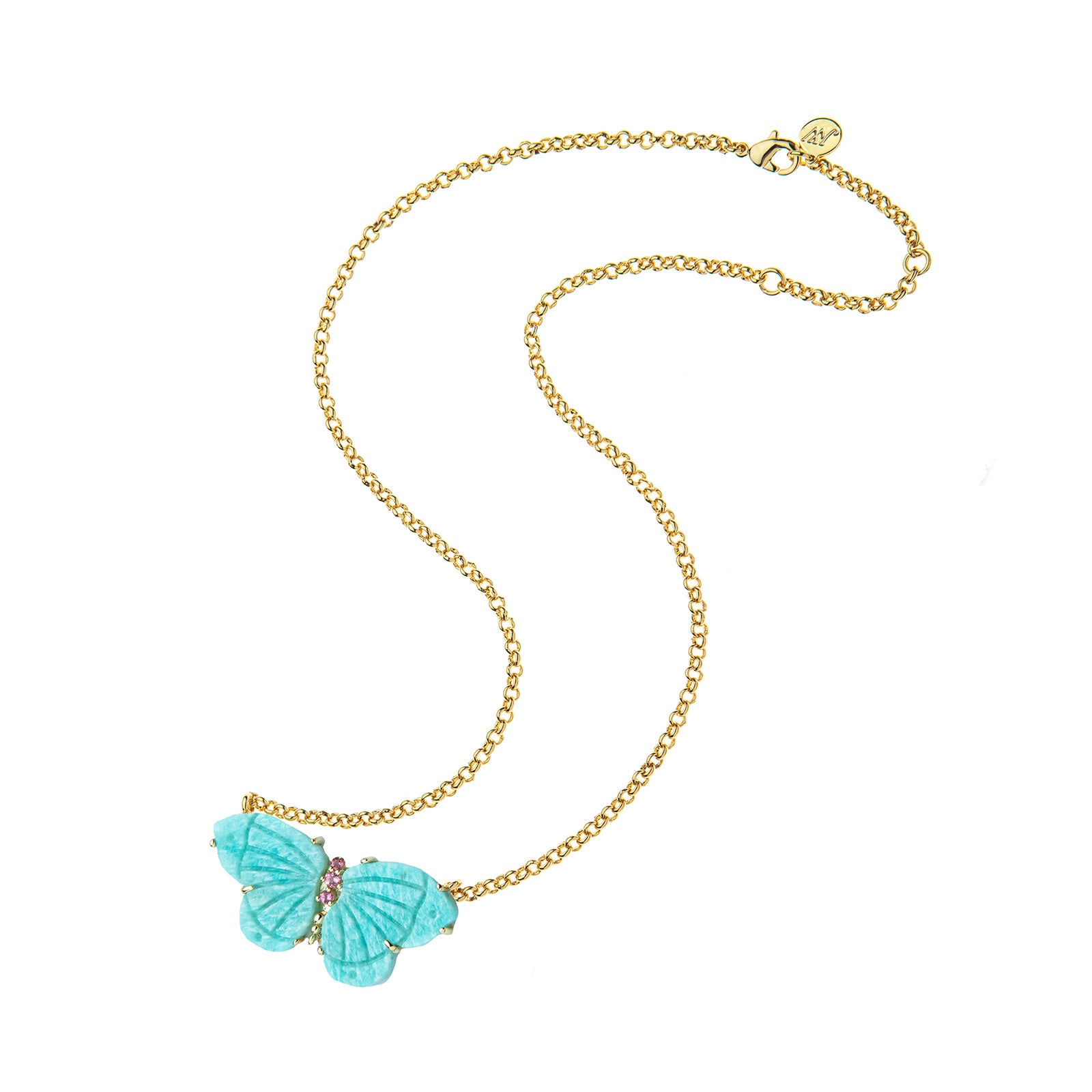Stone butterfly necklace on gold chain features carved amazonite for the wings and pink tourmaline accents on the body