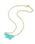 Stone butterfly necklace on gold chain features carved amazonite for the wings and pink tourmaline accents on the body
