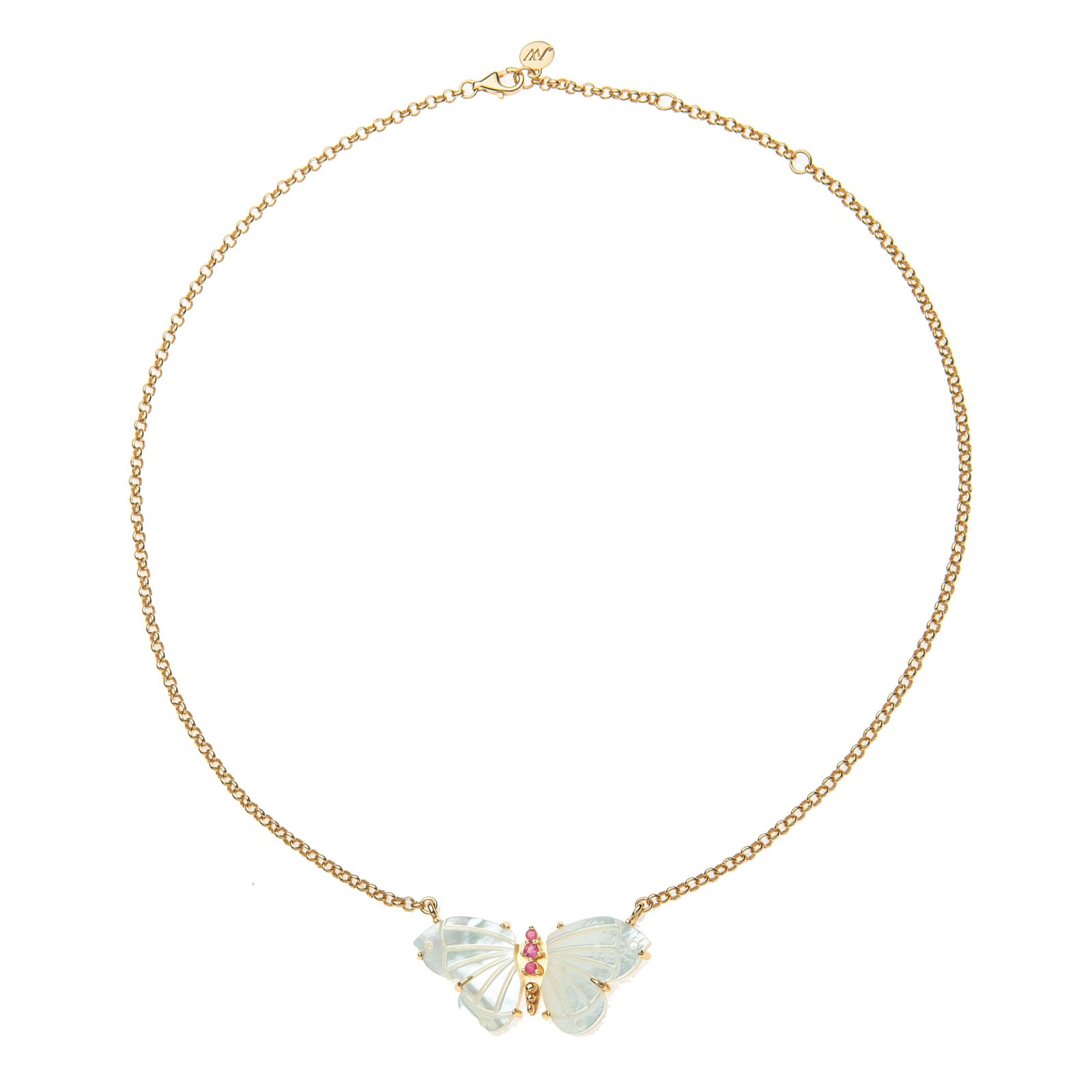 Stone butterfly necklace on gold chain features carved mother of pearl for the wings and pink tourmaline accents on the body