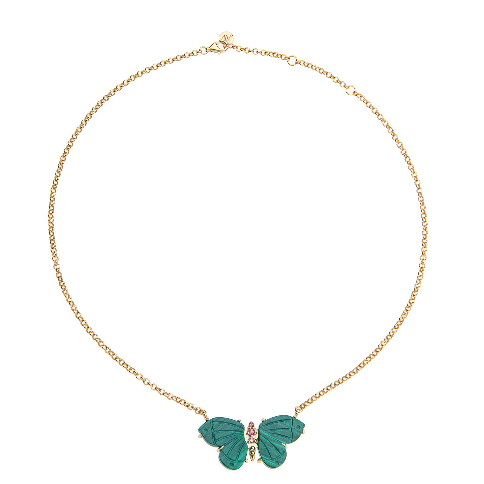 Stone butterfly necklace on gold chain features carved malachite stones for the wings and pink tourmaline accents on the body