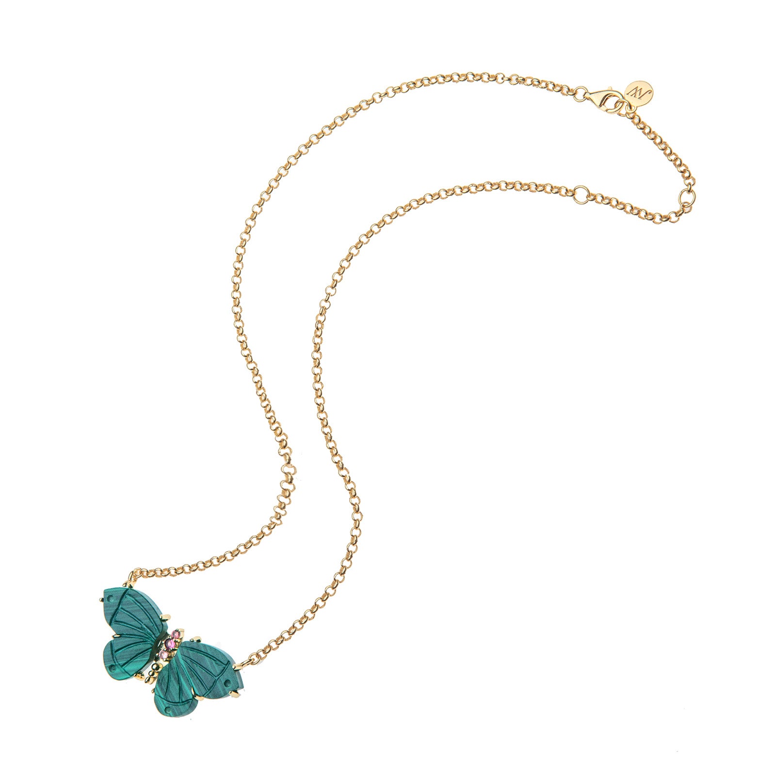 Stone butterfly necklace on gold chain features carved malachite stones for the wings and pink tourmaline accents on the body