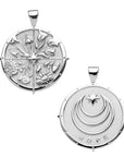 Silver Coin Pendant with four floral designs in each quadrant (front) and moon and star logo and word HOPE underneath (back)