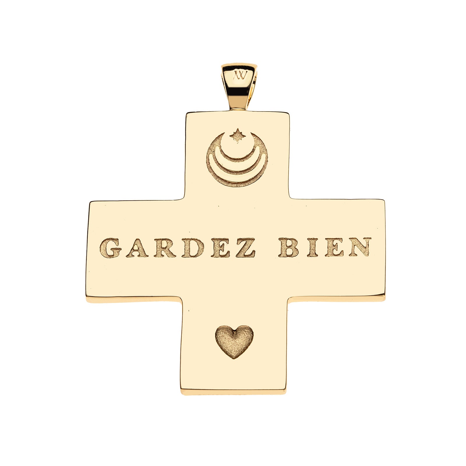Back of gold Greek cross pendant features moon and star logo, heart icon, and the phrase GARDEZ BIEN