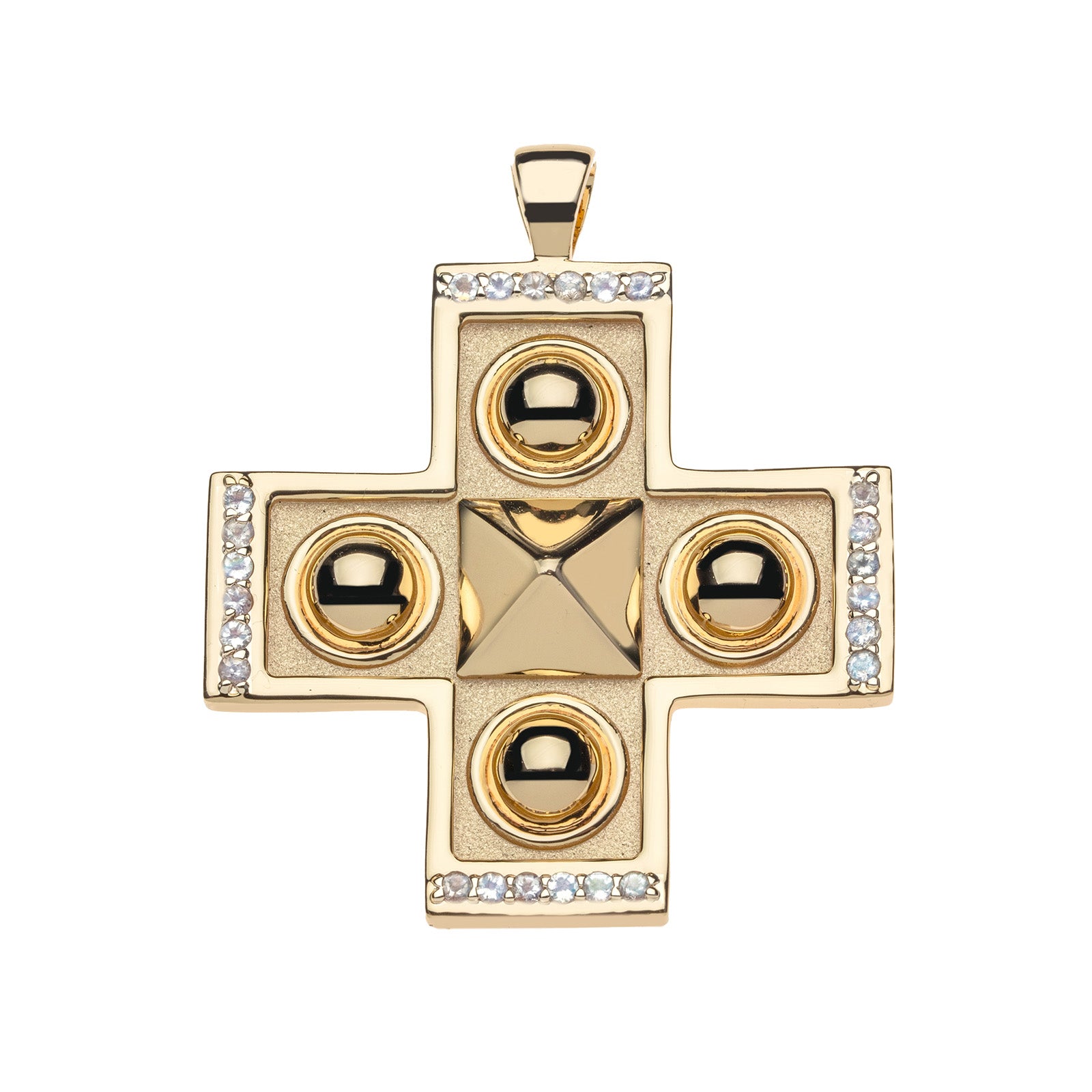 Gold Greek cross pendant features a pyramid in the center, surrounded by four domes and edged with Rainbow Moonstones