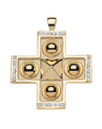 Gold Greek cross pendant features a pyramid in the center, surrounded by four domes and edged with Rainbow Moonstones