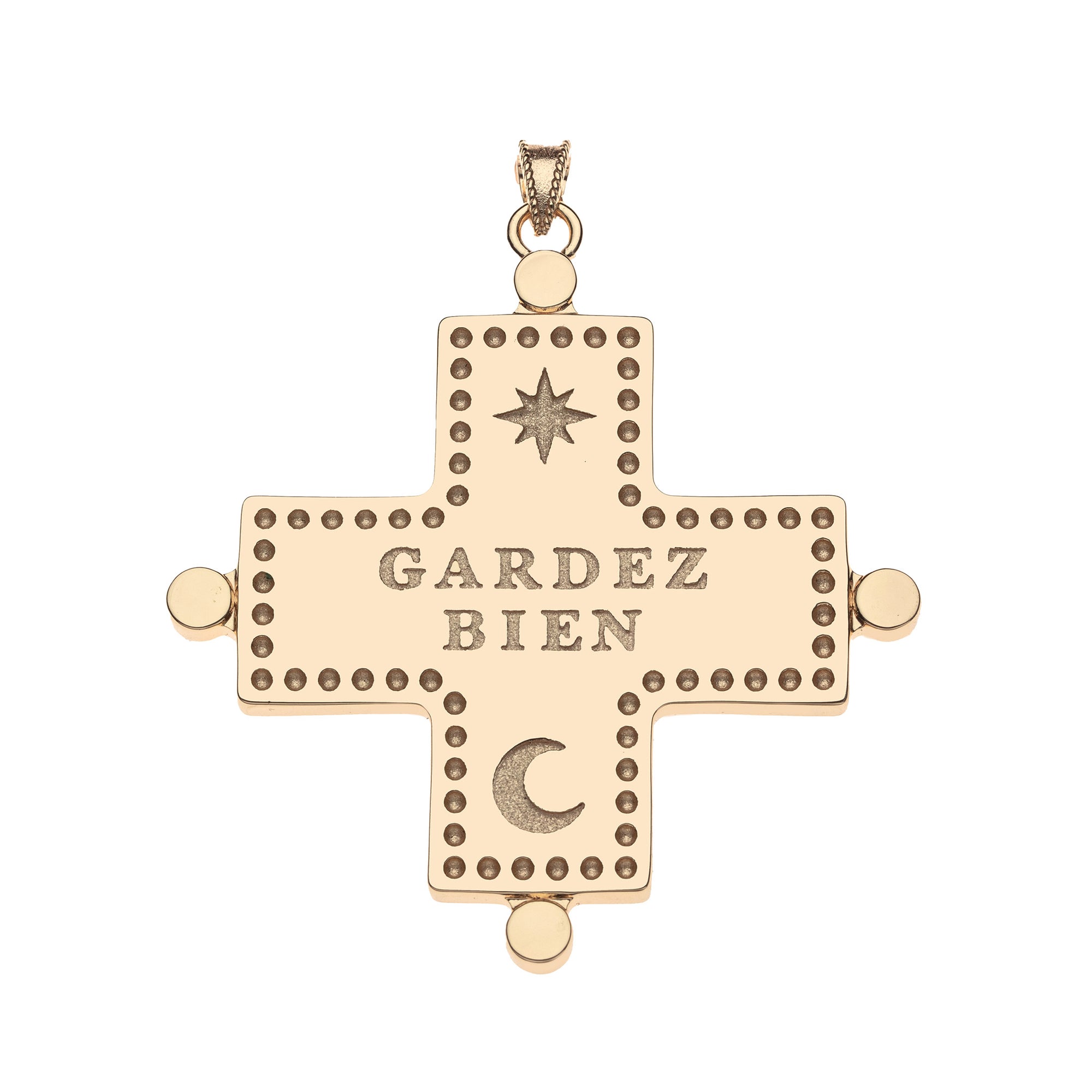 Back of gold Greek cross pendant features moon and star icons, as well as the phrase GARDEZ BIEN