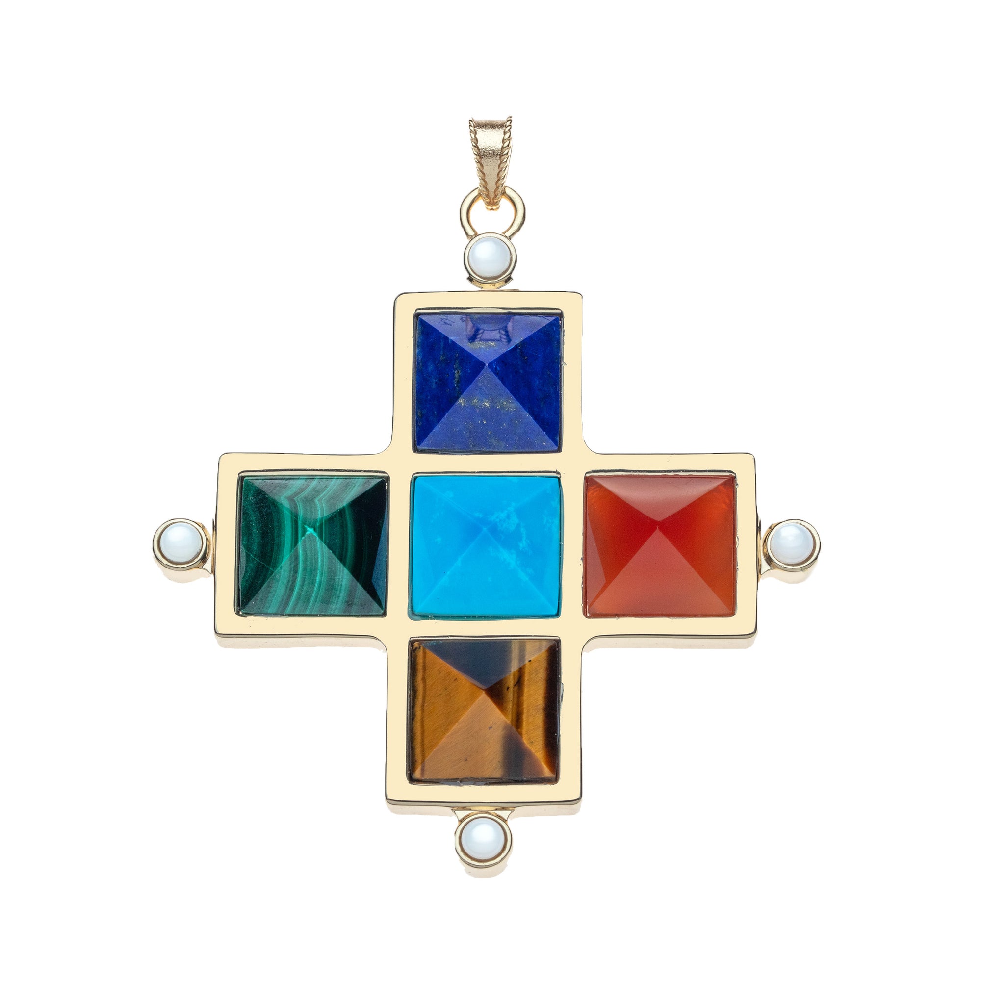Gold Greek cross  pendant features five carved pyramid stones in Lapis, Malachite, Turquoise, Red Jasper, and Tiqer's Eye, accented with a Mother of Pearl cabochon at each point.