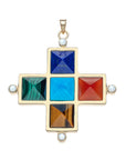 Gold Greek cross  pendant features five carved pyramid stones in Lapis, Malachite, Turquoise, Red Jasper, and Tiqer's Eye, accented with a Mother of Pearl cabochon at each point.