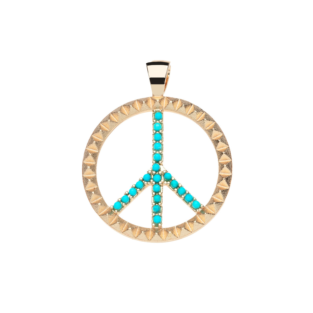 Gold cutout peace sign pendant featuring stud texture on the outer rim and turquoise cabochons in the center
