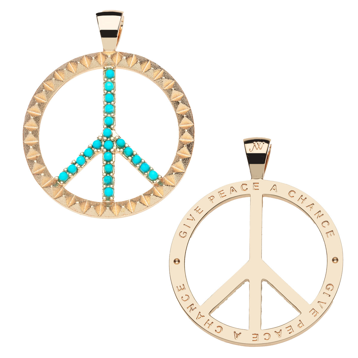 Front and back of the give peace a chance pendant. Back features the phrase GIVE PEACE A CHANCE.