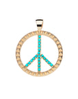 Gold cutout peace sign pendant featuring stud texture on the outer rim and turquoise cabochons in the center