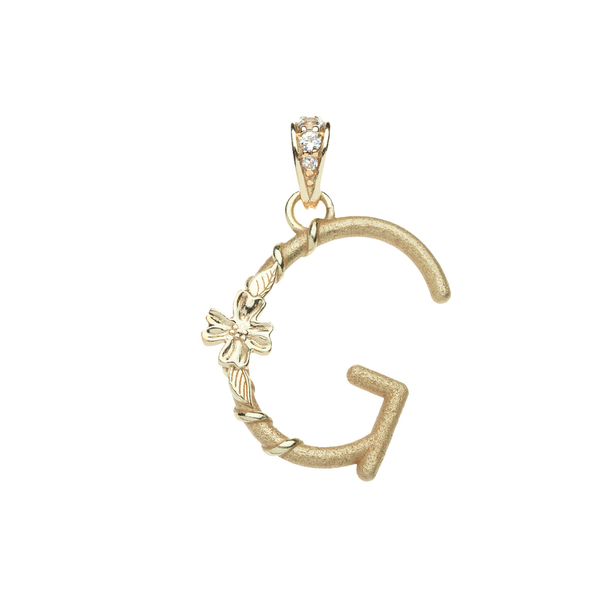 Gold letter G pendant with flower detail and white topaz accents on the bail