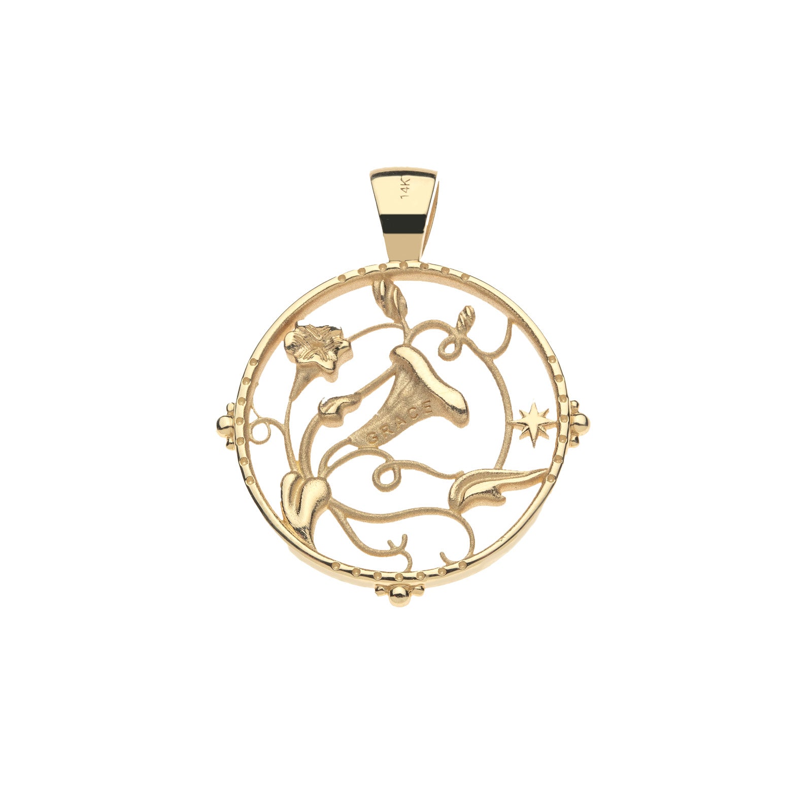 Back of gold cutout grace coin pendant features the word GRACE on the largest flower
