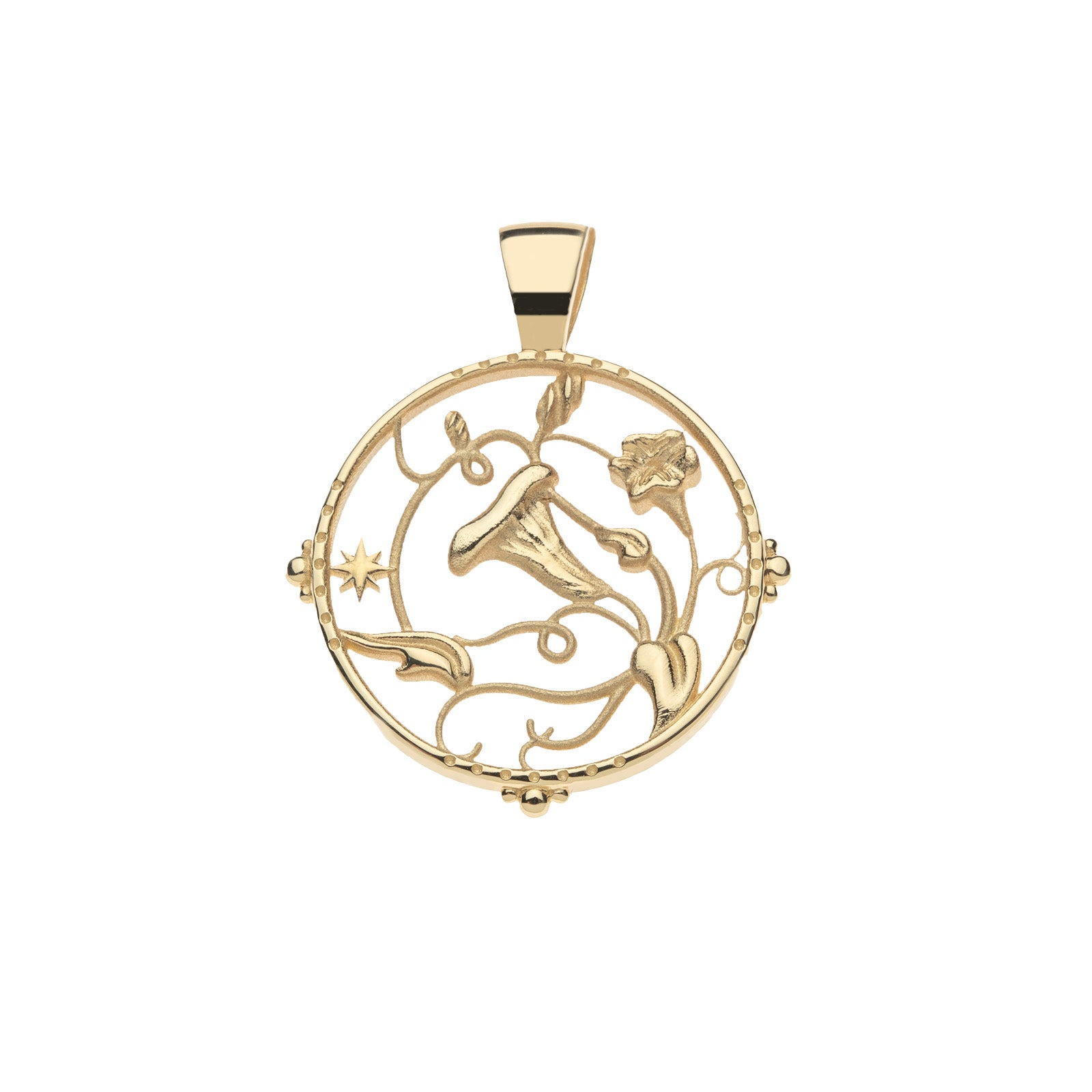 Gold cutout grace coin pendant features morning glory flowers and twisting vines