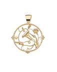 Gold cutout grace coin pendant features morning glory flowers and twisting vines