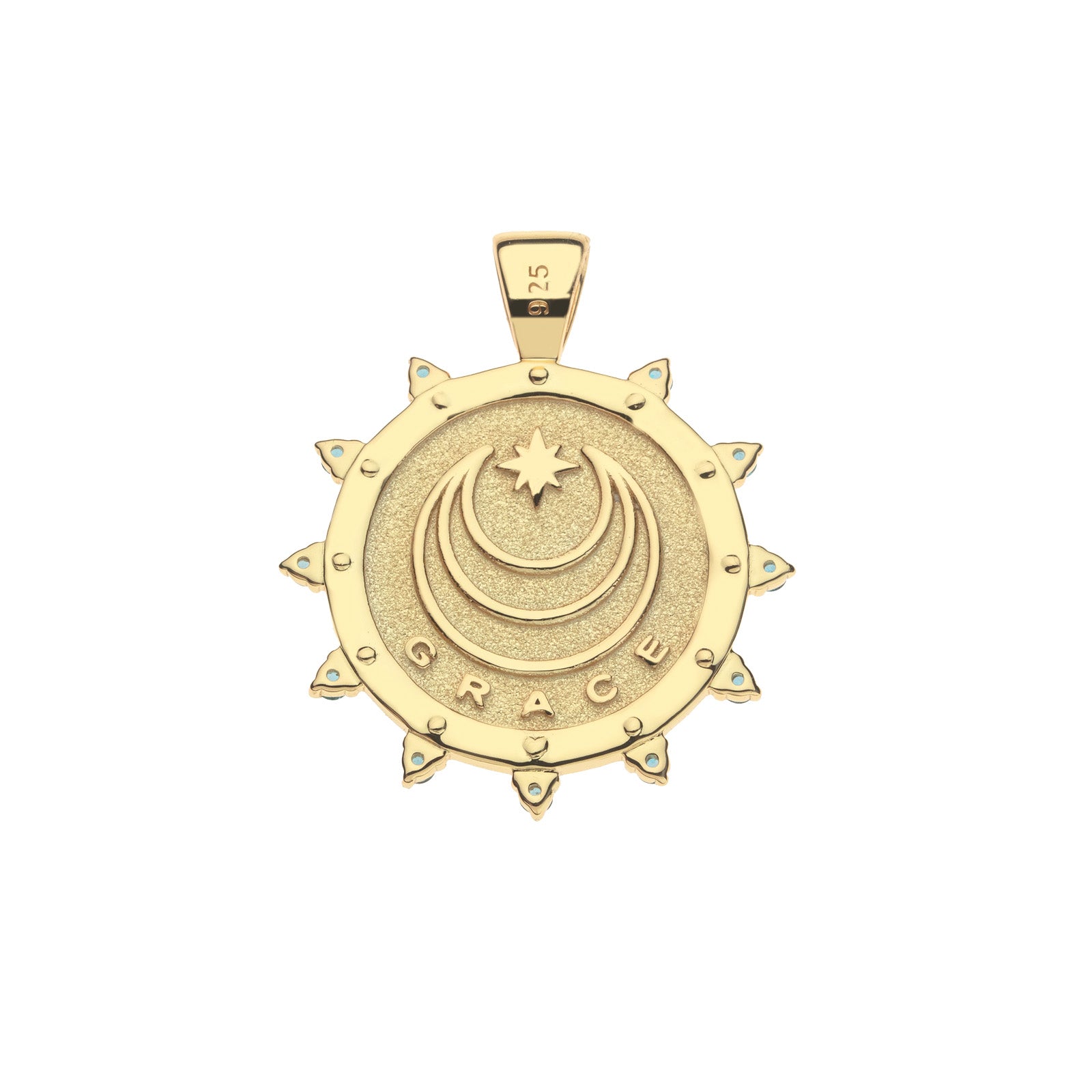 Back of gold coin pendant features moon and star logo and the word GRACE