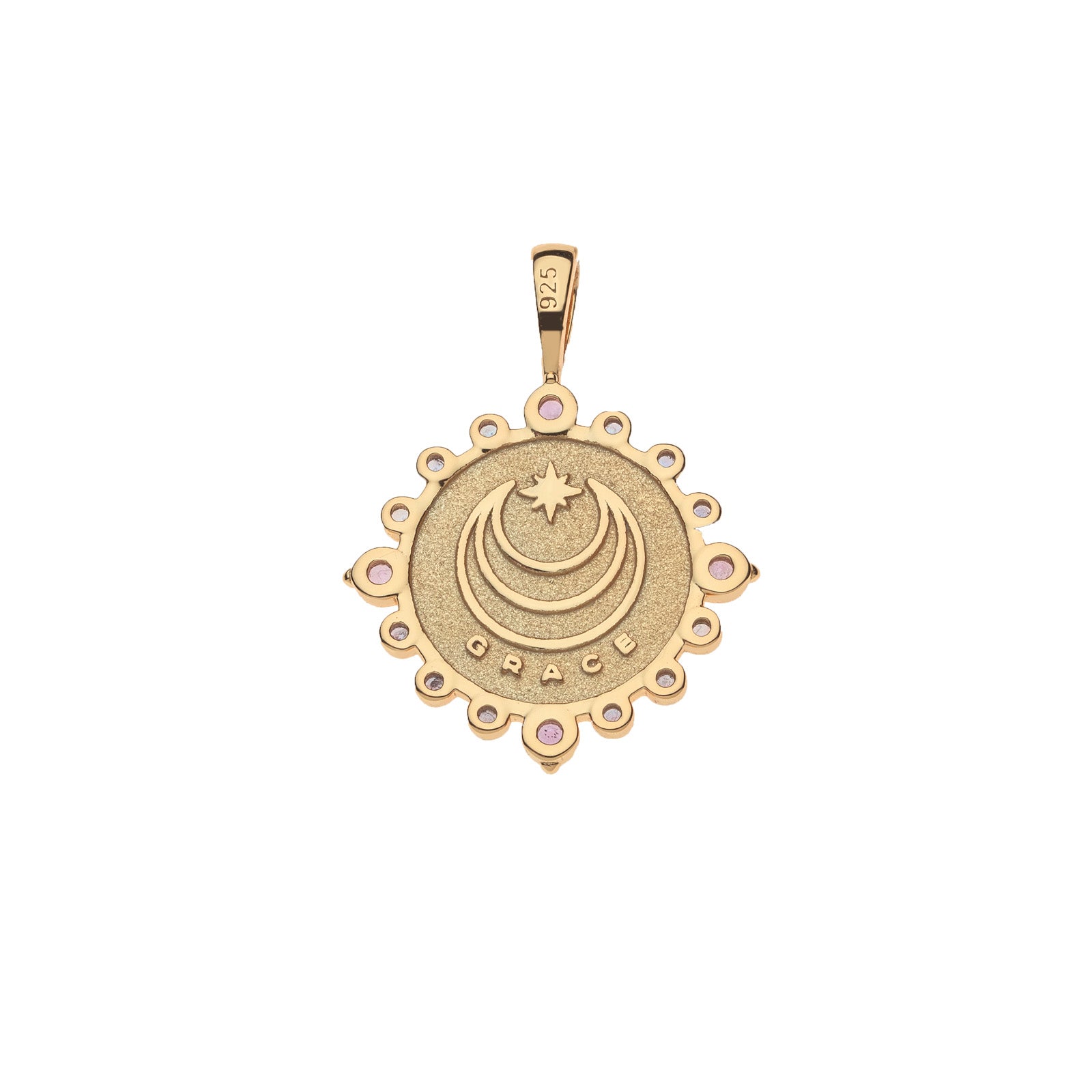 Back of petite embellished coin pendant features moon and star logo and the word GRACE