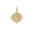 Gold petite embellished coin pendant features morning glory flowers and border of amethyst and tanzanite stones