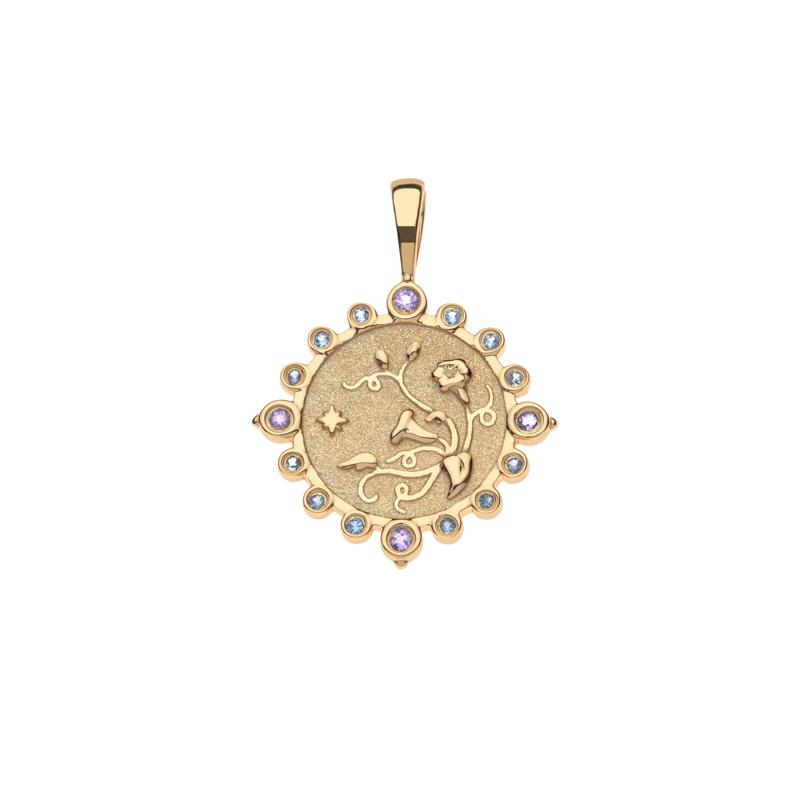 Gold petite embellished coin pendant features morning glory flowers and border of amethyst and tanzanite stones