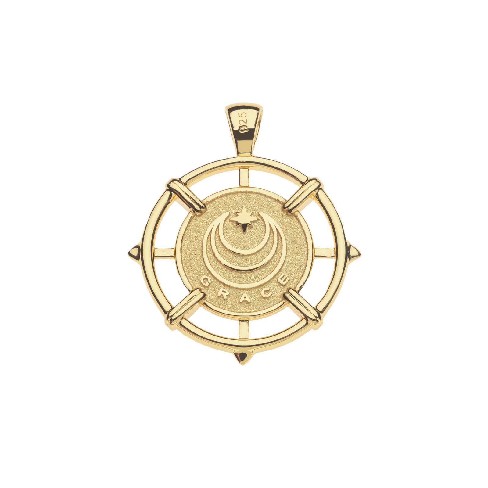 Back of gold coin pendant features moon and star logo and the word GRACE