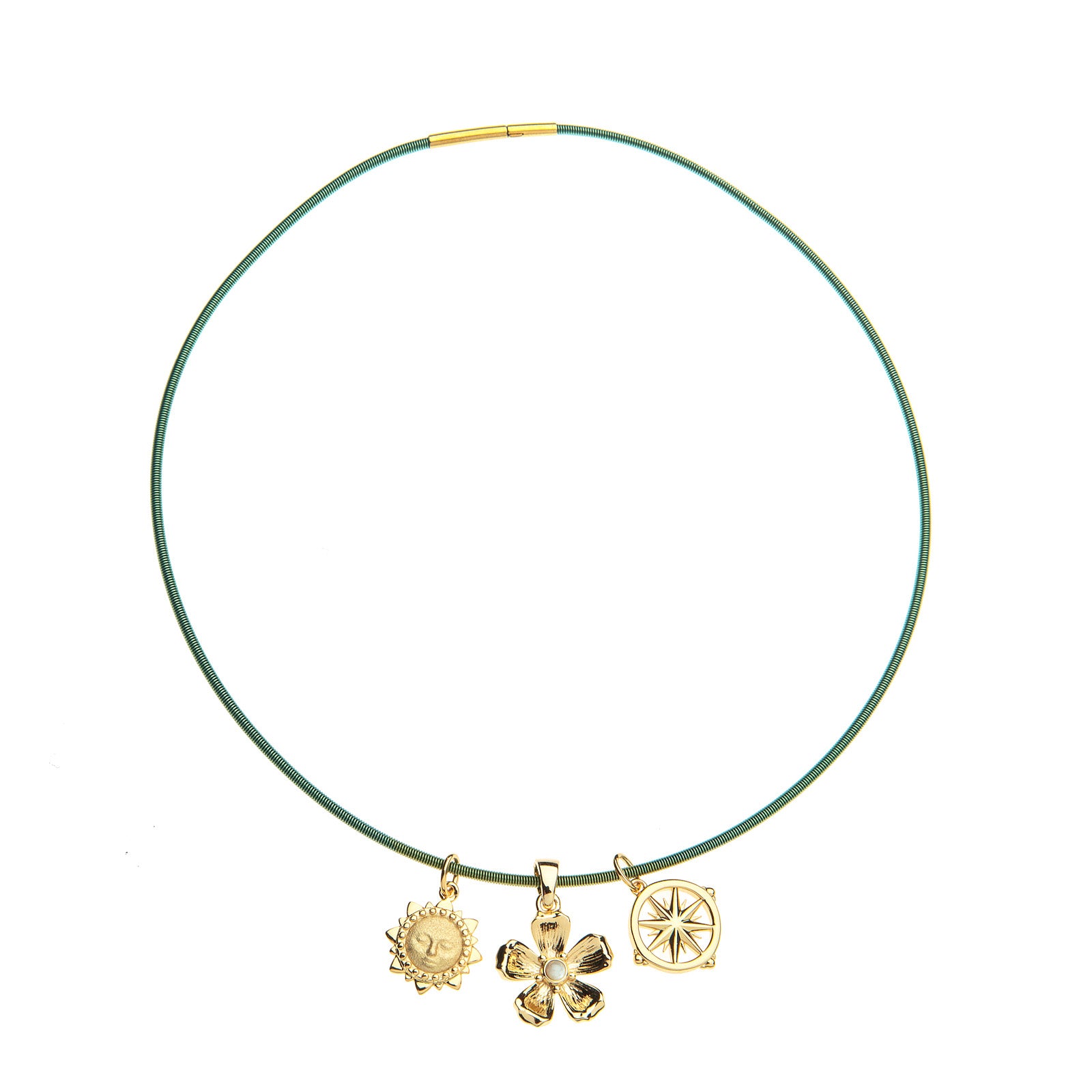 Forest green omega wire chain with 3 mini charms: a sun face, a flower with a mother of pearl center, and a coin with a star cutout design