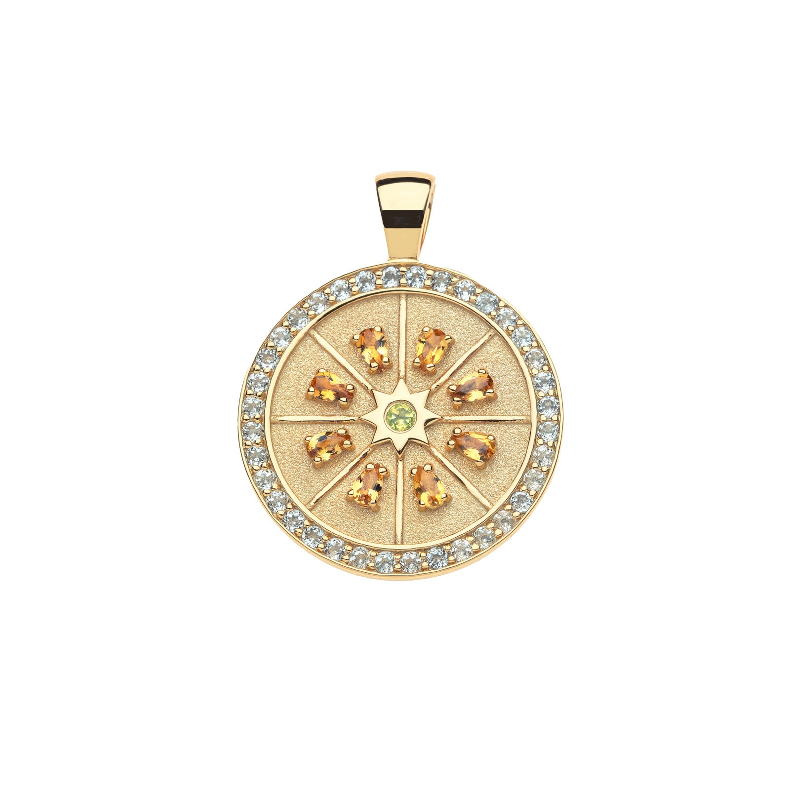 Gold gratitude citrus slice coin features peridot stone in the center, lemon quartz stones in the "slices", and a border of white topaz stones