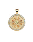 Gold gratitude citrus slice coin features peridot stone in the center, lemon quartz stones in the "slices", and a border of white topaz stones