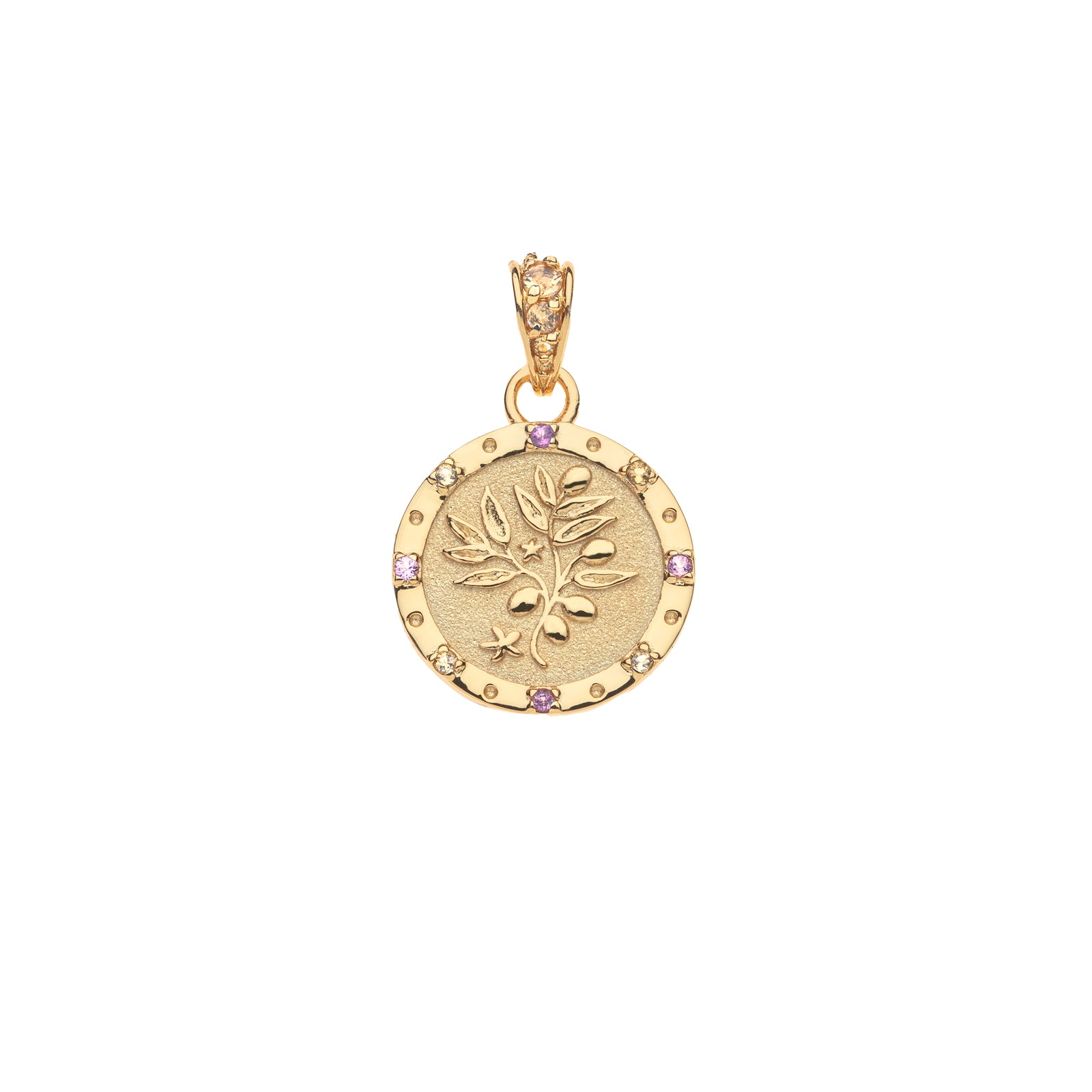 Gold coin pendant features an olive branch with pink tourmaline and lemon quartz accents on the border and the bail