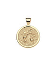 Gold coin pendant featuring a branch with lemons and lemon blossoms along with the phrase "LA PLUS BELLE FLEUR"