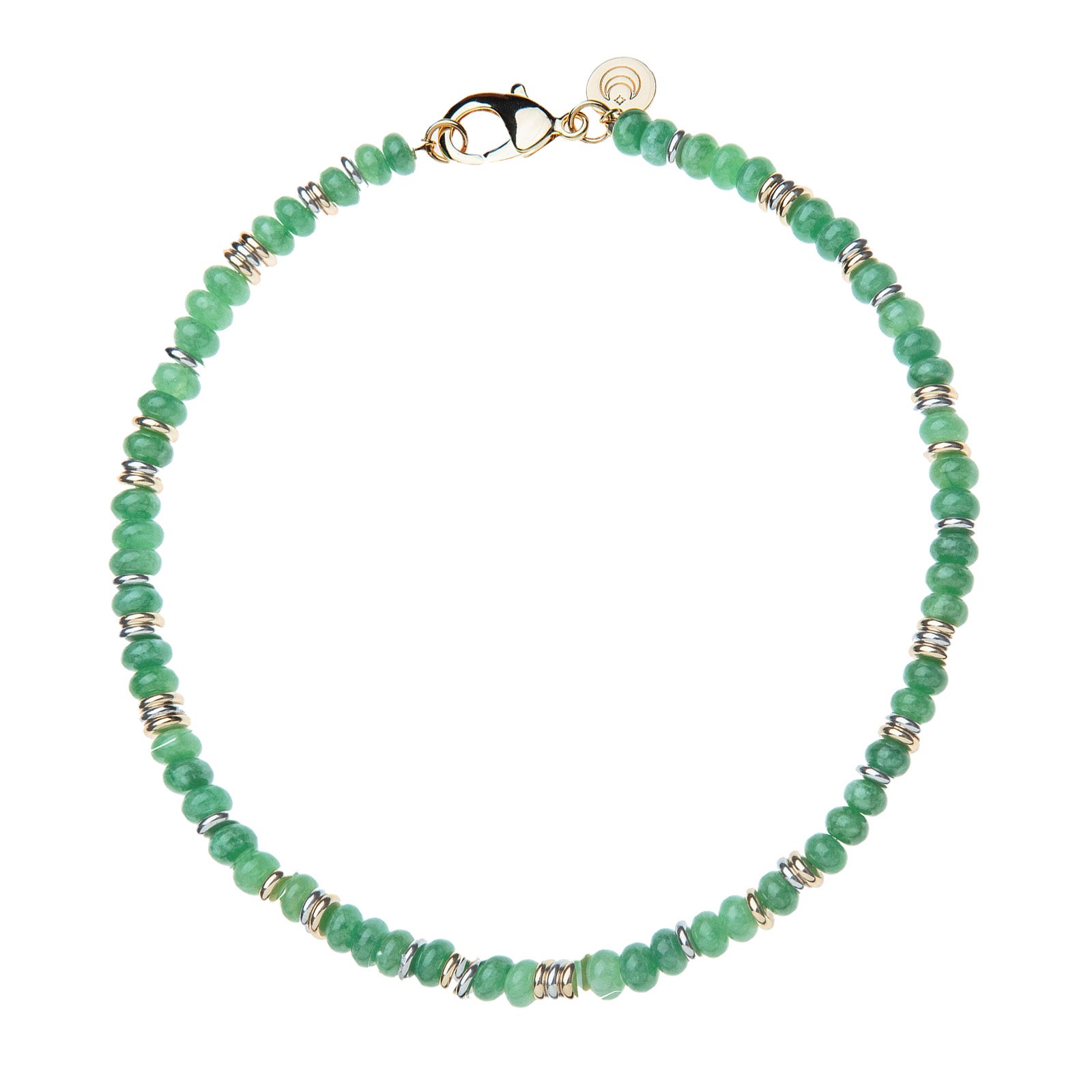 Green jade beaded necklace features interspersed gold and silver flat beads as well as oversized gold lobster clasp