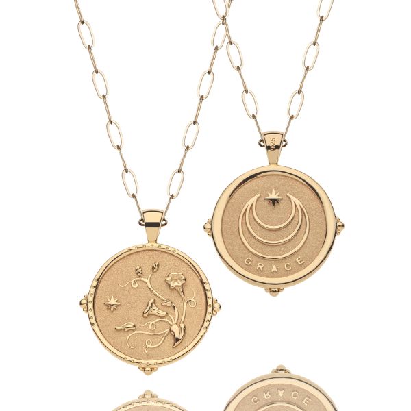 Gold Coin Featuring Morning Glory Flower Design with Grace Coin on back both hanging on Drawn Link Chain