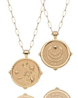 Gold Coin Featuring Morning Glory Flower Design with Grace Coin on back both hanging on Drawn Link Chain