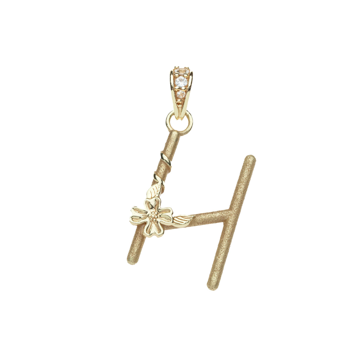 Gold letter H pendant with flower detail and white topaz accents on the bail