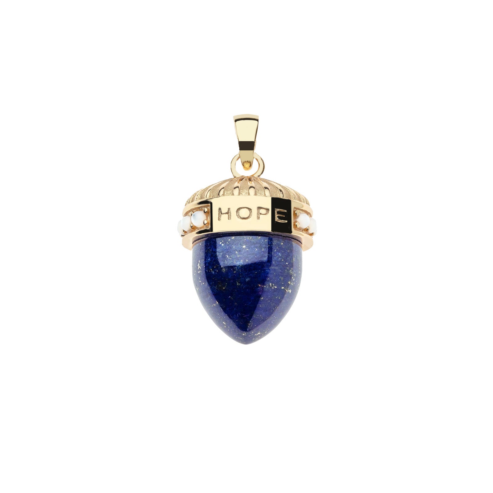 Back of lapis acorn pendant features the word HOPE on gold cap