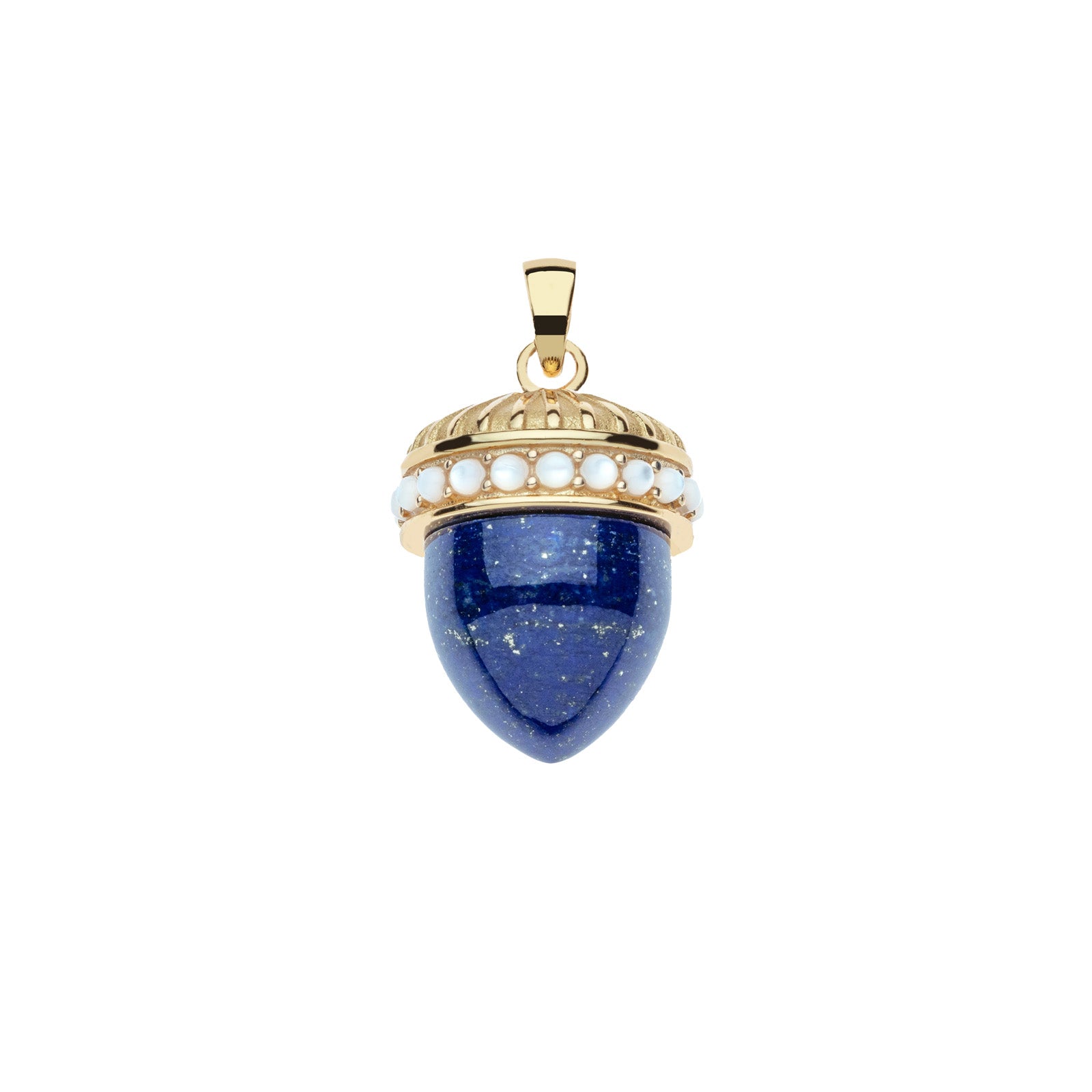 Carved lapis acorn pendant with gold cap featuring border of mother of pearl cabochon stones