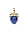 Carved lapis acorn pendant with gold cap featuring border of mother of pearl cabochon stones
