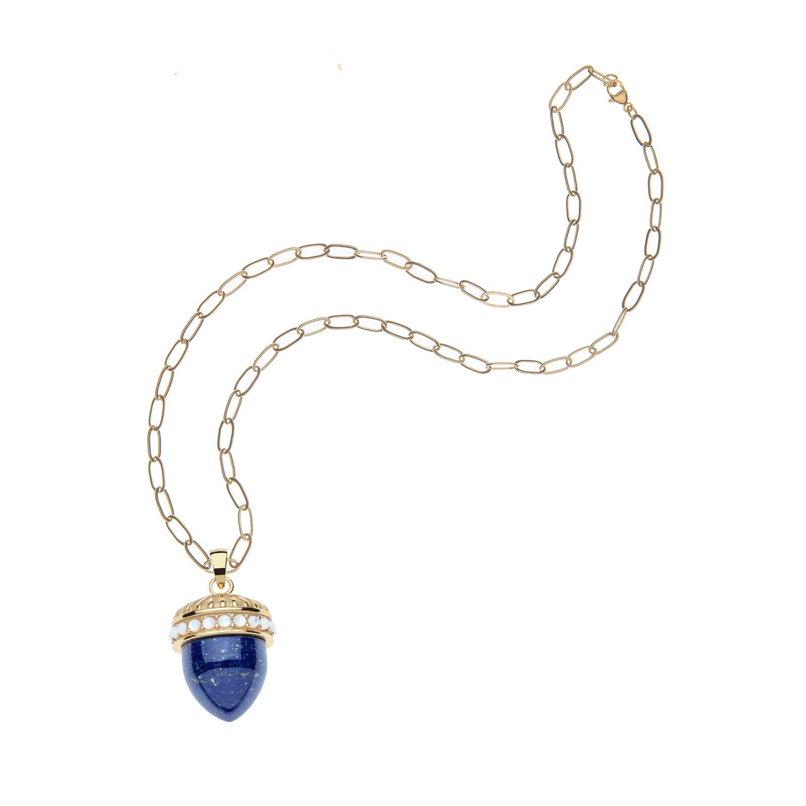 Hope lapis acorn pendant on the drawn link chain
