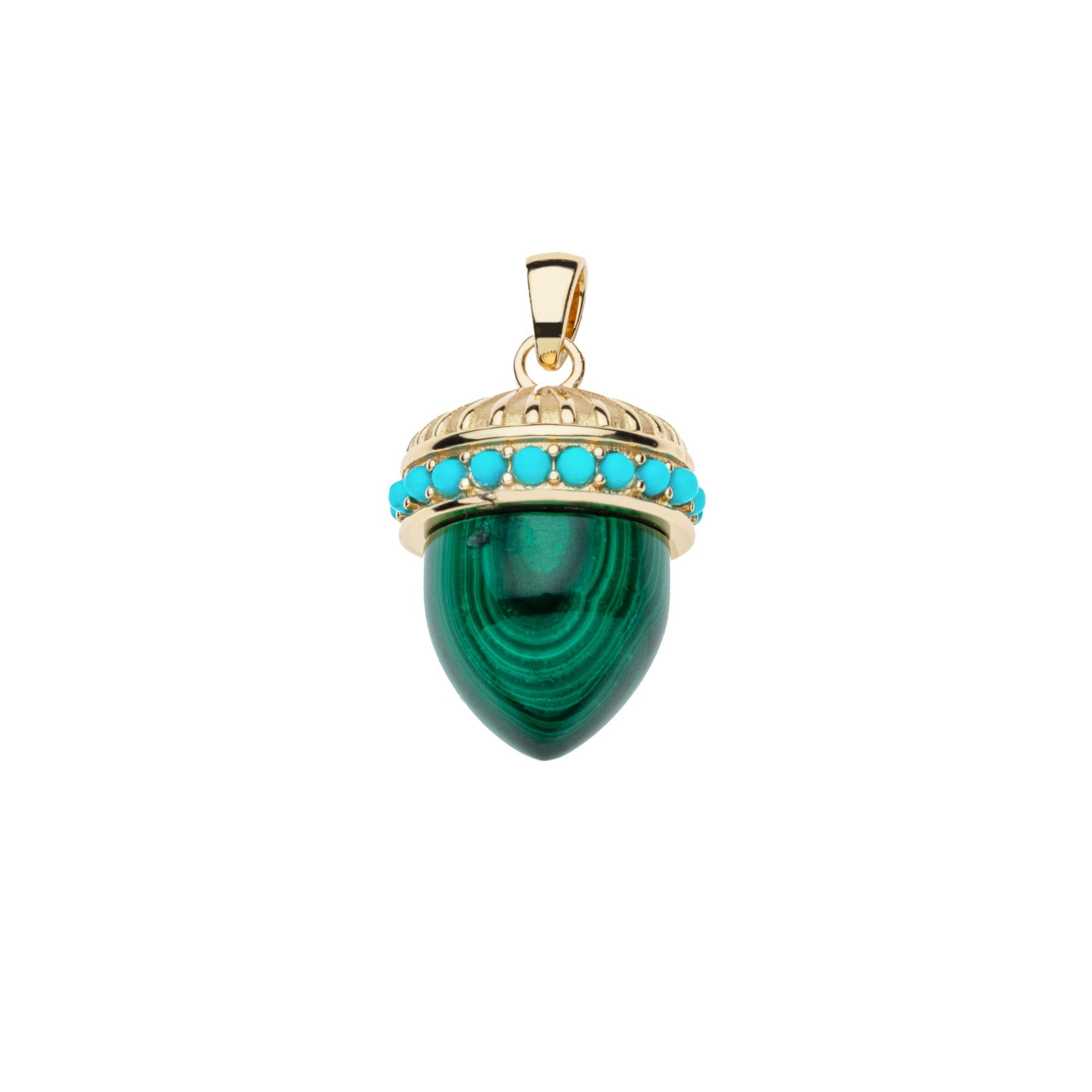 Carved malachite acorn pendant features gold cap with border of turquoise cabochon stones