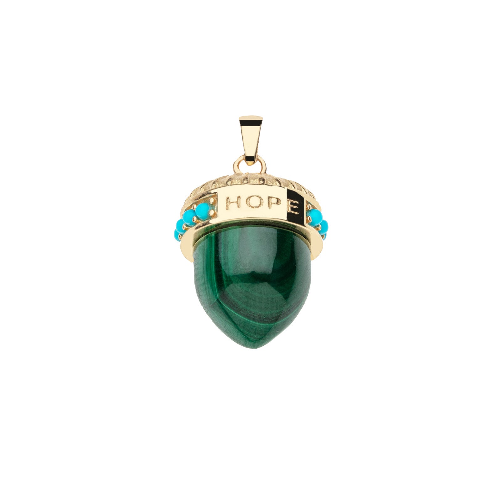 Back of malachite acorn pendant features the word HOPE on the gold cap