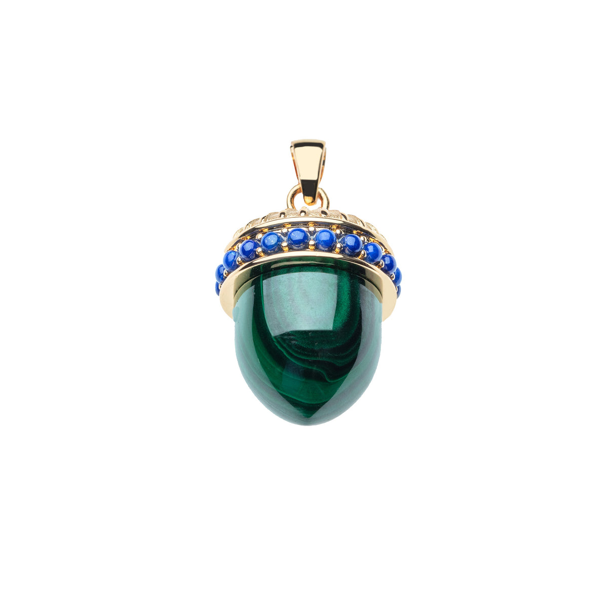 Malachite acorn pendant with gold cap featuring lapis cabochon details