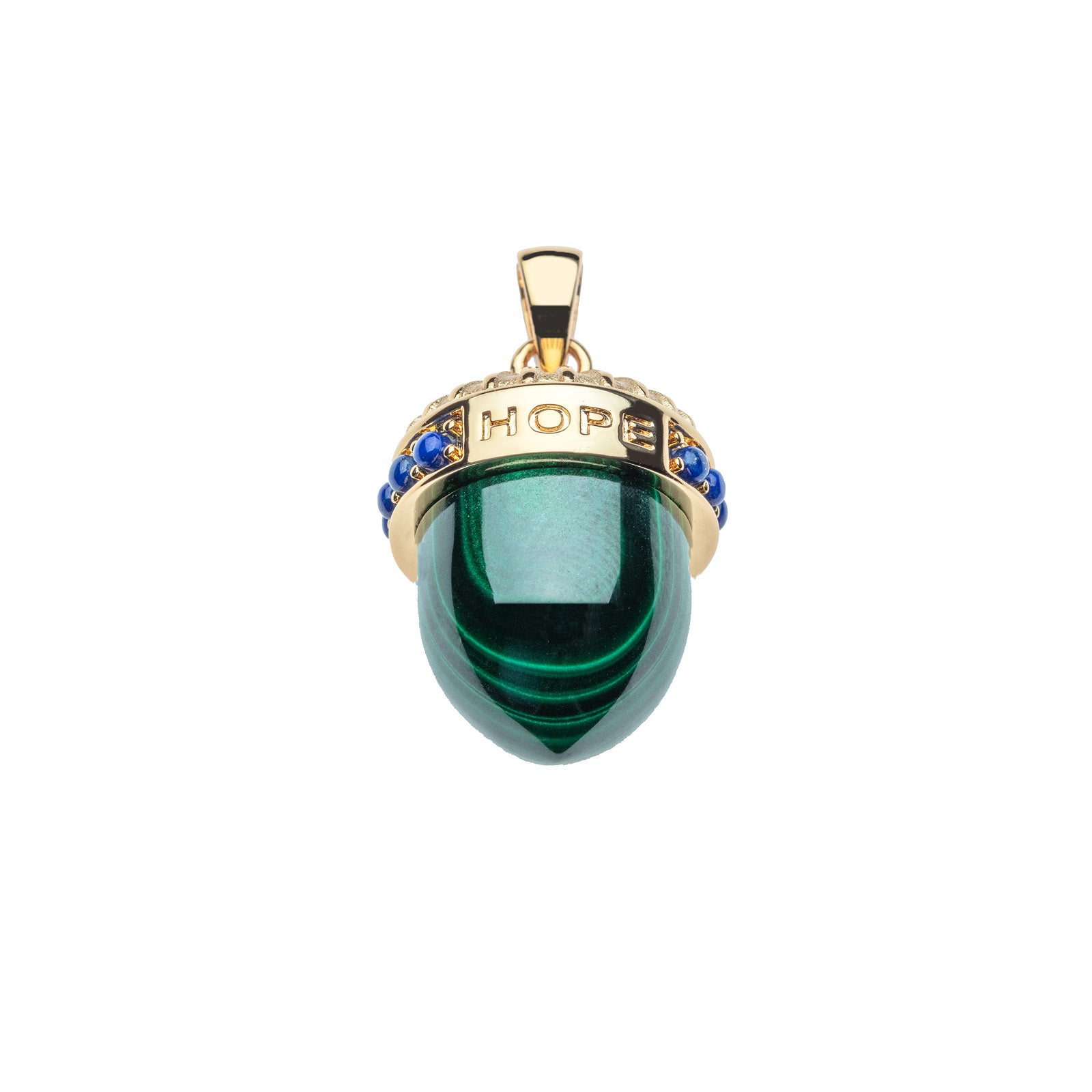 Back of acorn pendant features the word HOPE on the acorn cap