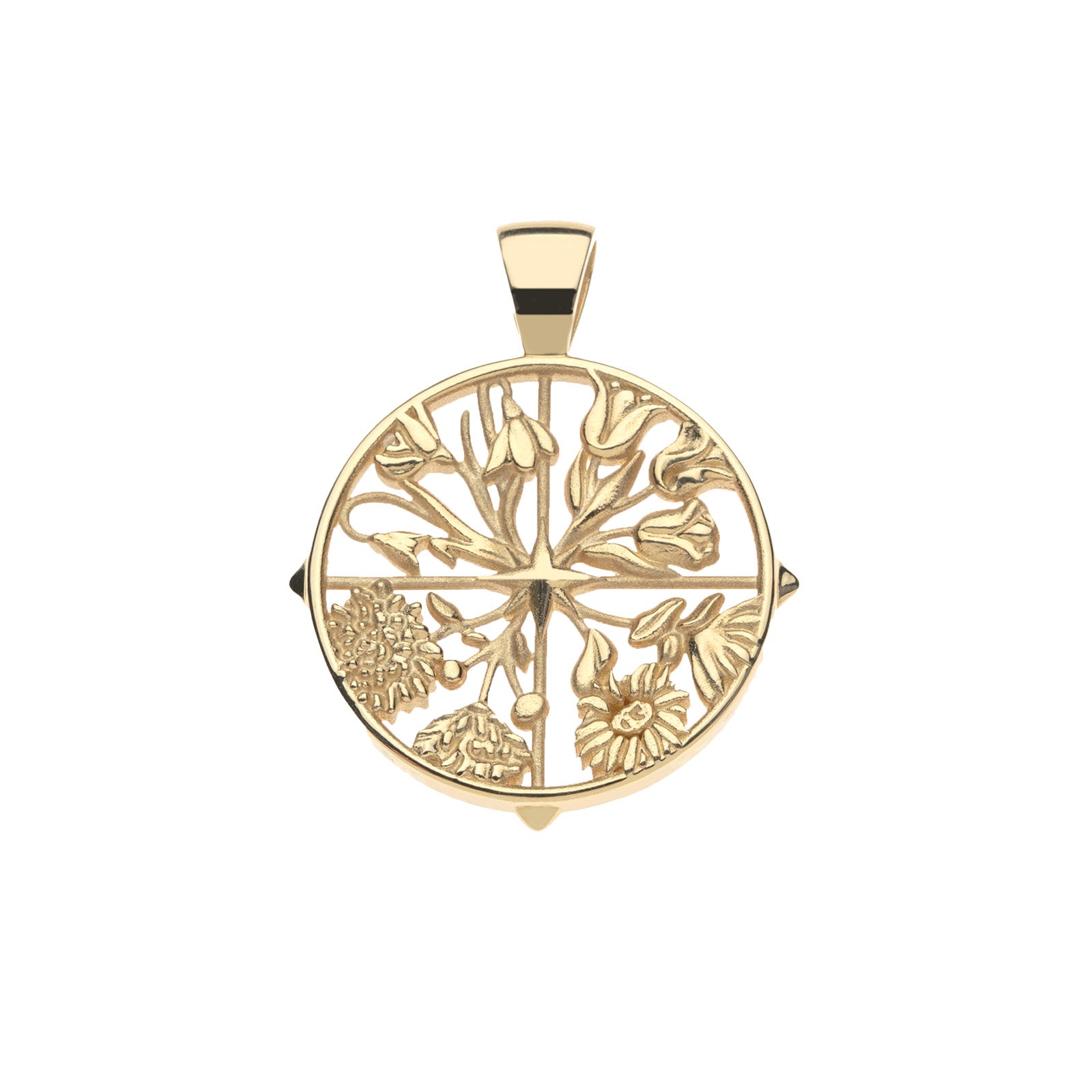 Gold cutout hope coin pendant features sunflowers, snowdrops, tulips, and mums